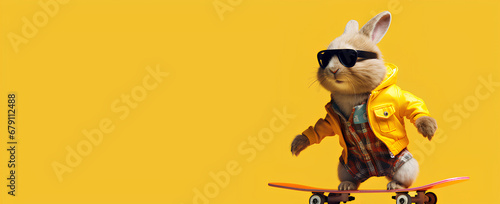 Cool easter rabbit on a skateboard with copy space on a yellow background