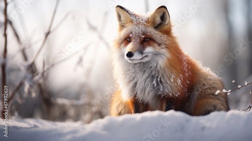Portrait of a red fox in snowy winter, winter time, snow covered plains, snow covered trees