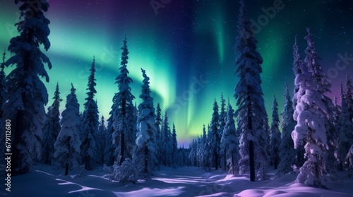Beautiful aurora borealis in winter forest, Northern Lights over Forest