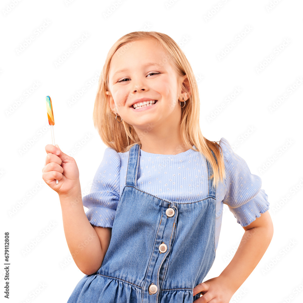 Child, lollipop and candy portrait with smile for sweet tooth, color spiral or sugar for energy. Face, happy girl or kid and excited for snack or unhealthy food isolated on png transparent background Child, lollipop and candy portrait with smile for sweet tooth, color spiral or sugar for energy. Face, happy girl or kid and excited for snack or unhealthy food isolated on png transparent background