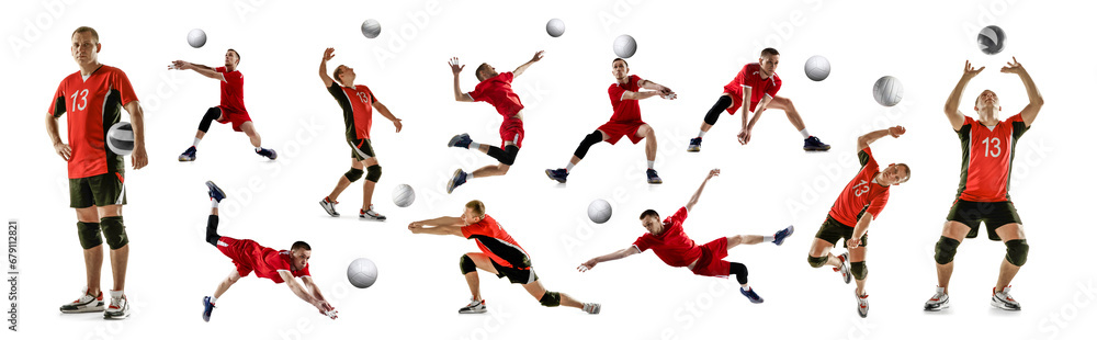 Two men in red uniform, professional volleyball players in motion during game, training isolated over white background. Concept of sport, competition, achievements, event, game Two men in red uniform, professional volleyball players in motion during game, training isolated over white background. Concept of sport, competition, achievements, event, game