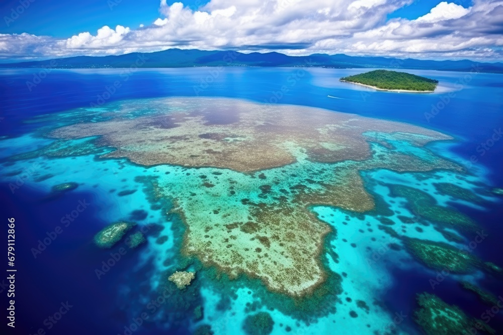a panoramic aerial view of a sprawling coral reef system