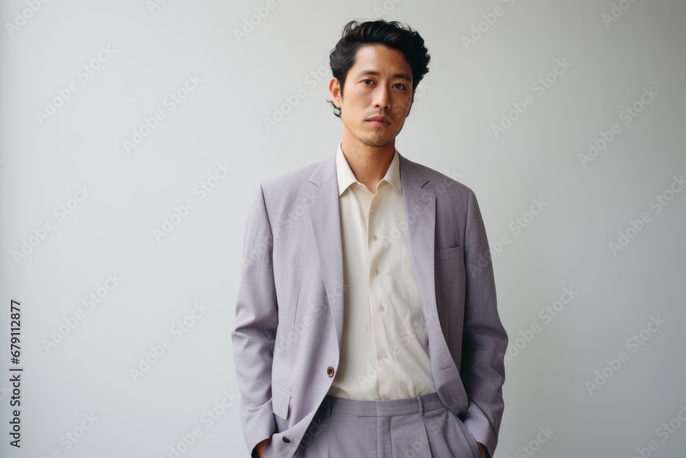 Beautiful and stylish fictional Japanese model posing with confidence in an elegant suit. Generative AI. Beautiful and stylish fictional Japanese model posing with confidence in an elegant suit. Generative AI.