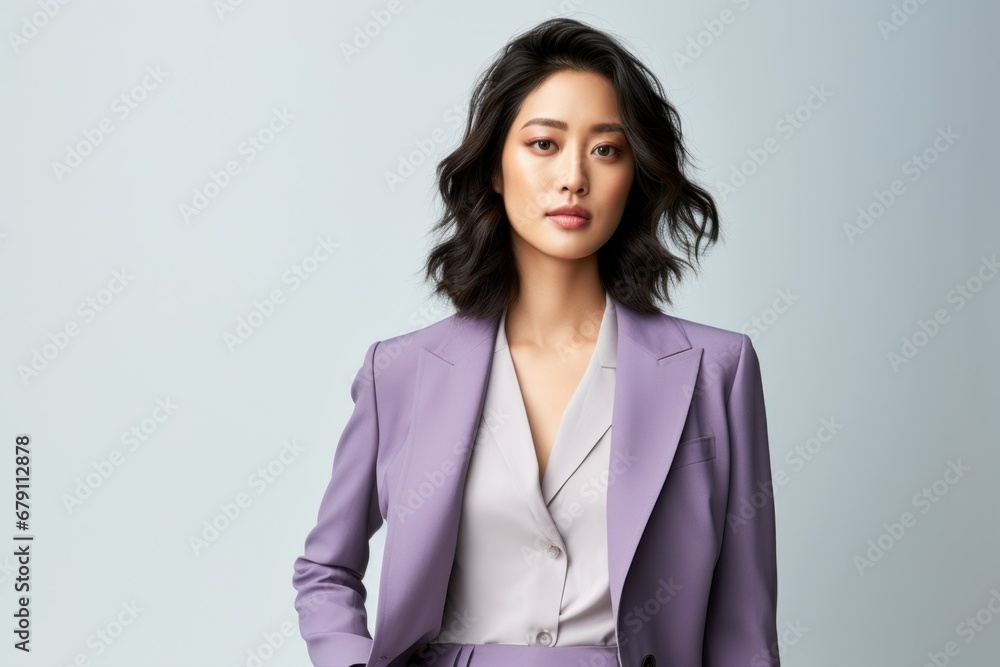 Beautiful and stylish fictional Japanese model posing with confidence in an elegant lavender suit. Generative AI. Beautiful and stylish fictional Japanese model posing with confidence in an elegant lavender suit. Generative AI.