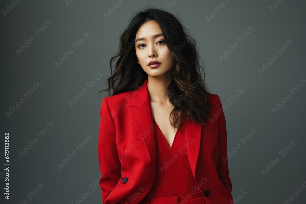 Beautiful and stylish fictional Japanese model posing with confidence in an elegant red suit. Generative AI. Beautiful and stylish fictional Japanese model posing with confidence in an elegant red suit. Generative AI.