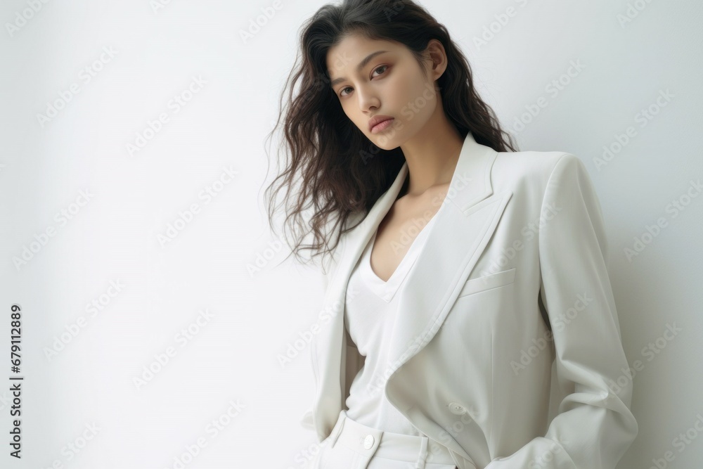 Beautiful and stylish fictional caucasian model posing with confidence in an elegant white suit. Generative AI. Beautiful and stylish fictional caucasian model posing with confidence in an elegant white suit. Generative AI.