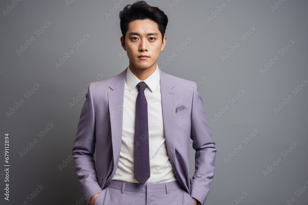 Beautiful and stylish fictional Asian model posing with confidence in an elegant lavender suit. Generative AI. Beautiful and stylish fictional Asian model posing with confidence in an elegant lavender suit. Generative AI.