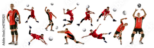 Two men in red uniform, professional volleyball players in motion during game, training isolated over white background. Concept of sport, competition, achievements, event, game