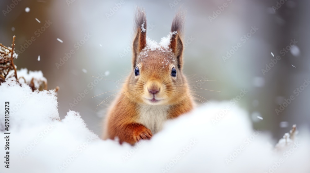Close up portrait of cute red squirrel looking at camera, blurry forest in the background, winter scene Close up portrait of cute red squirrel looking at camera, blurry forest in the background, winter scene