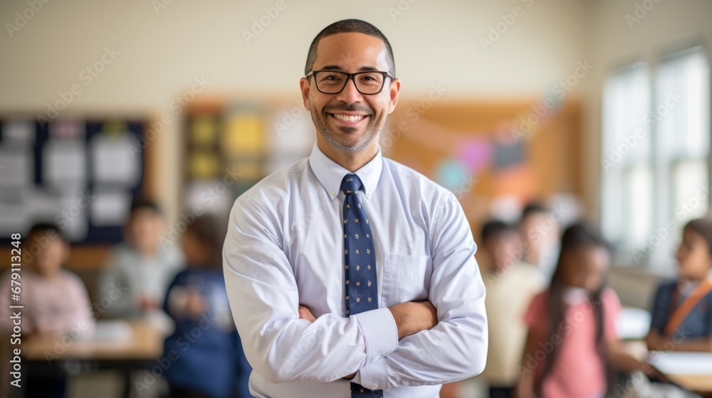 Fototapeta premium Portrait of a smiling male teacher in elementary school class, looking at camera with students in the background