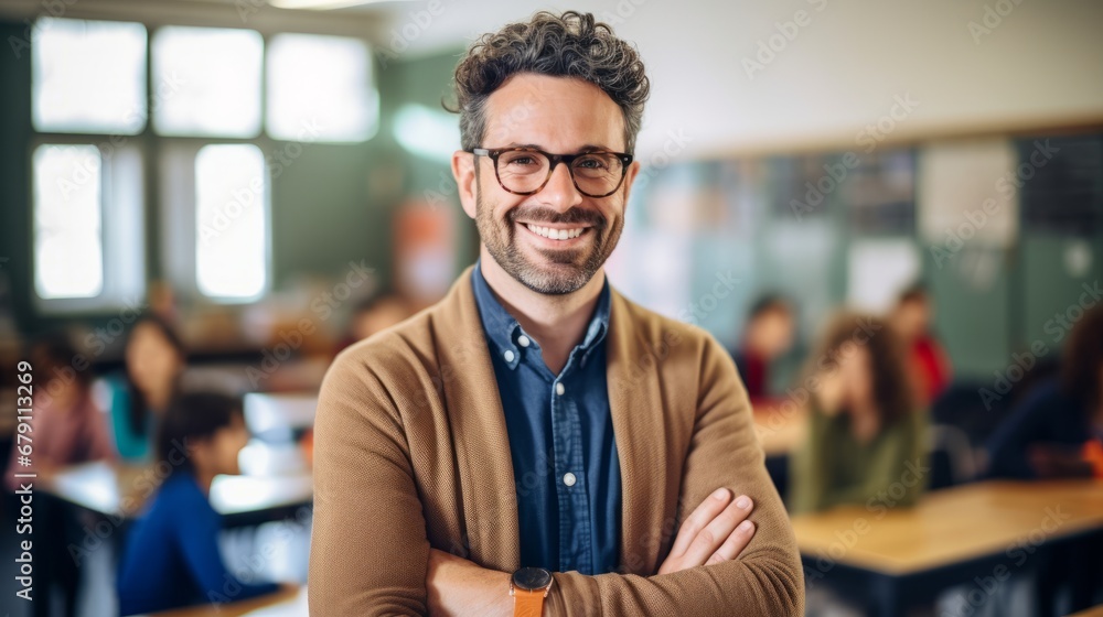 Portrait of a smiling male teacher in elementary school class, looking at camera with students in the background Portrait of a smiling male teacher in elementary school class, looking at camera with students in the background