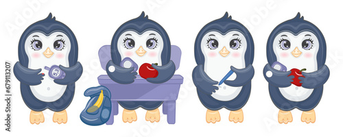 Cute little penguin with diabetes. Cartoon character with glucometer, syringe pen, hypoglycemia and sugar, glucose measurement sensor. Vector illustration for kids, products, stickers, advertising ban
