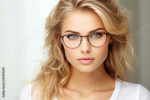 Stylish blonde woman in trendy white tee and glasses, standing on a white backdrop