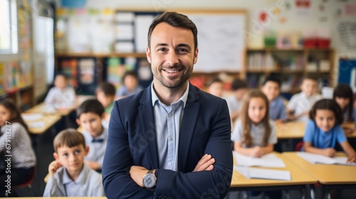 Portrait of a smiling male teacher in elementary school class, looking at camera with students in the background