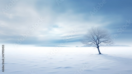 One single tree standing on a snowy field in winter, snowy plain