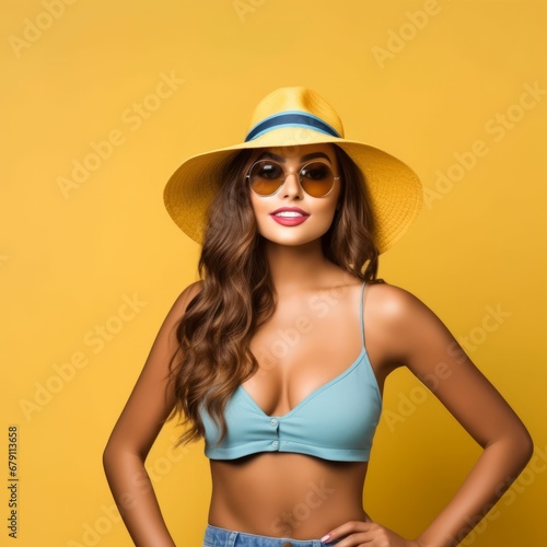 Portrait of a beautiful brunette woman wearing hat, sunglasses and beach outfit, stylish girl having a fun and posing on yellow background