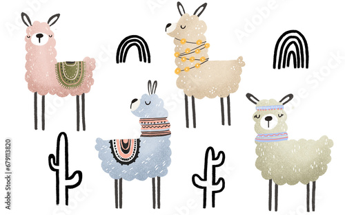 childish clipart with cartoon alpaca and llama. Collection with wild animals