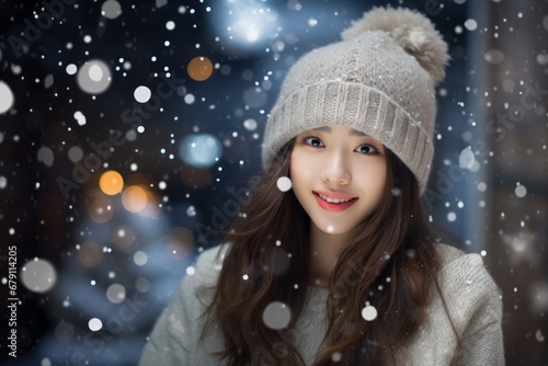 Woman wearing winter clothes, snow is falling, cold temperatures, Scarf and knitted beanie, Knitted Hat