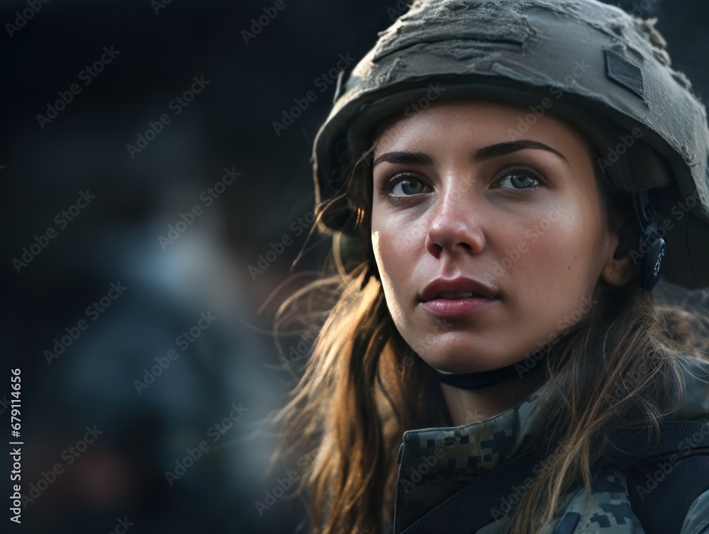 The brave female soldier looked away thoughtfully The brave female soldier looked away thoughtfully