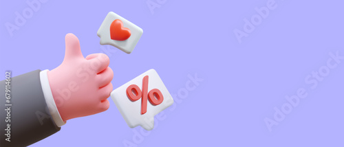 Hand showing thumb up, comments with percent sign, heart. Pleasant profit, benefit. Monetization of likes. Realistic image with place for logo, text, interest rate