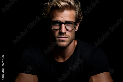studio portarit of a fashionable young hipster man wearing stylish glasses and posing over a black background photo