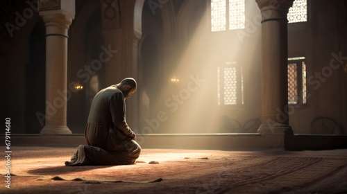 A devout Muslim man bows to pray in a mosque. photo