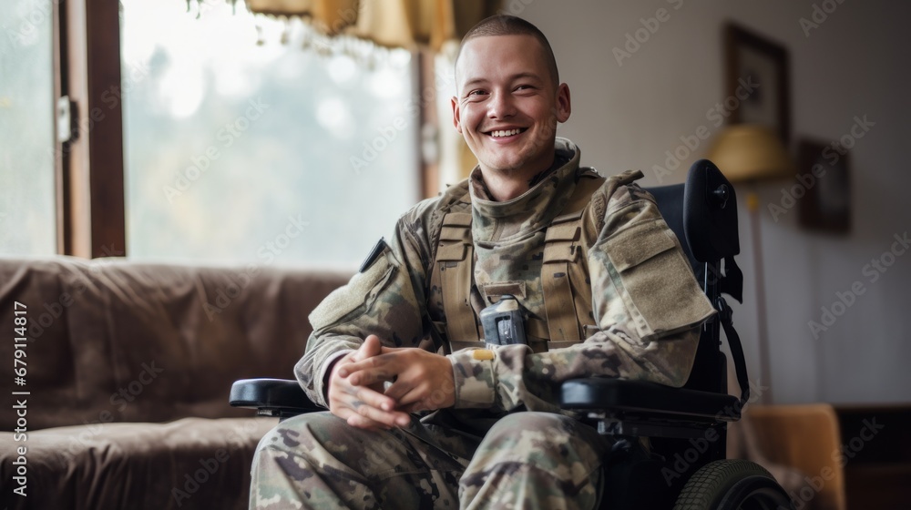 A disabled young male soldier wearing a happy camouflage uniform sits smiling looking at the camera in a wheelchair. - obrazy, fototapety, plakaty 