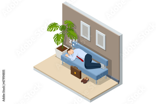 Isometric tired overworked employee sleeping in the office. Tiredness and exhaustion concept. Tired businessman sleeping on a sofa in the office