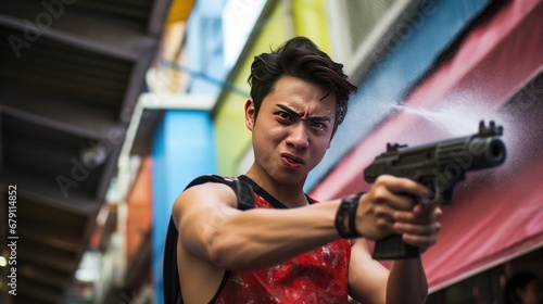 A handsome Asian man uses a water gun to play Songkran on a walking street.