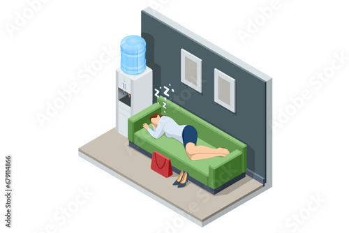 Isometric tired overworked employee sleeping in the office. Tiredness and exhaustion concept. Tired business woman sleeping on a sofa in the office