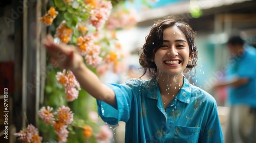 A happy smiling woman brushes her cheeks wearing a blue floral shirt. and pointing the finger at the empty space during the Songkran festival