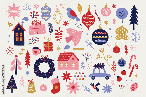 Christmas set - house, ball, bauble, bird, car, bell, fir tree
