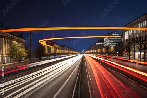 busy traffic in urban Light trails on highway with a industry building slightly toned Gorgeous long exposure view at a highway A14 Autobahn in Leipzig Germany generative ai
