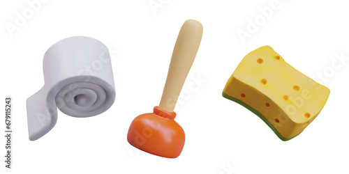 Collection with roll of toilet paper, plunger and sponge. Concept of clean surface and home. Vector illustration in 3d realistic style with white background