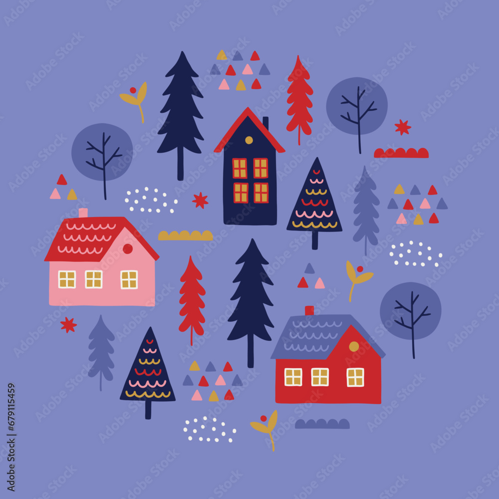 Christmas greeting card with houses, fir trees, snowflakes, plant Christmas greeting card with houses, fir trees, snowflakes, plant