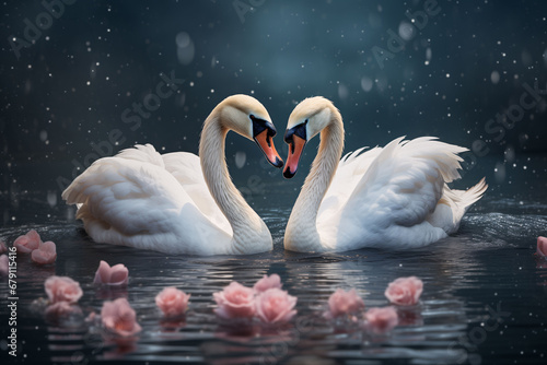 Two swans swimming in a lake, with flowers in the water.