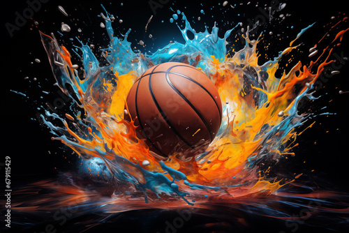 Basketball splashing in colorful paint on dark background