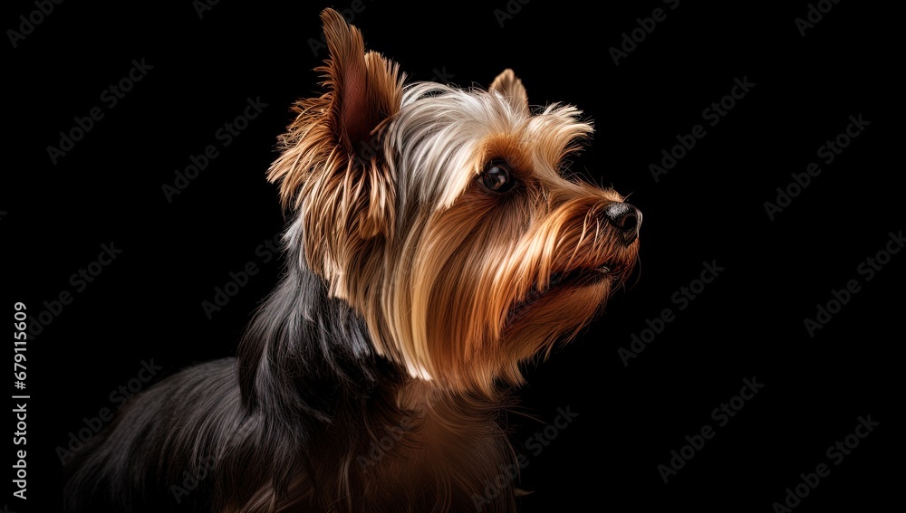 Elegant Yorkshire Terrier in a dramatic spotlight, a portrait of canine charm. Elegant Yorkshire Terrier in a dramatic spotlight, a portrait of canine charm.