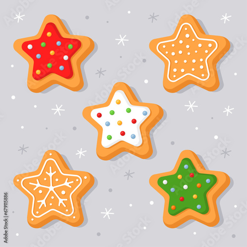 New Year's gingerbread cookies in the shape of stars. Homemade Christmas cookies with sweet sugar glaze. Cute cartoon illustrations for Christmas cards, banners, posters. Vector illustration.