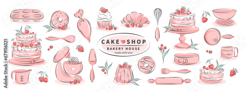 Big set kitchen tools, sweet products, different desserts for pastry and bread shop, cookings. Whisk, cutlery, spatulas, mixer, cake, croissant, donut and berry. Vector illustration