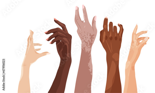 Hands of different races and ethnicities. United for equality. Vector drawing.