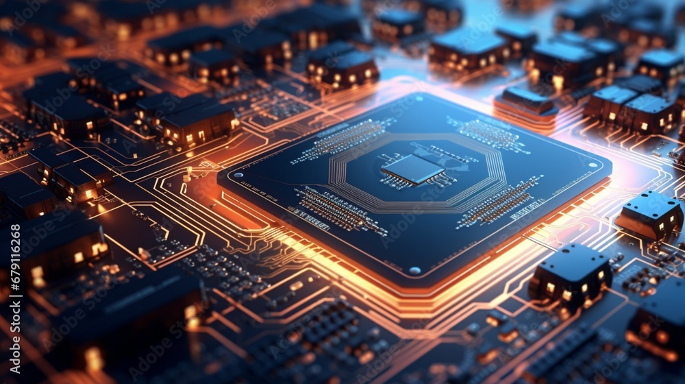 High-tech circuit board with integrated microchips. High-tech circuit board with integrated microchips.