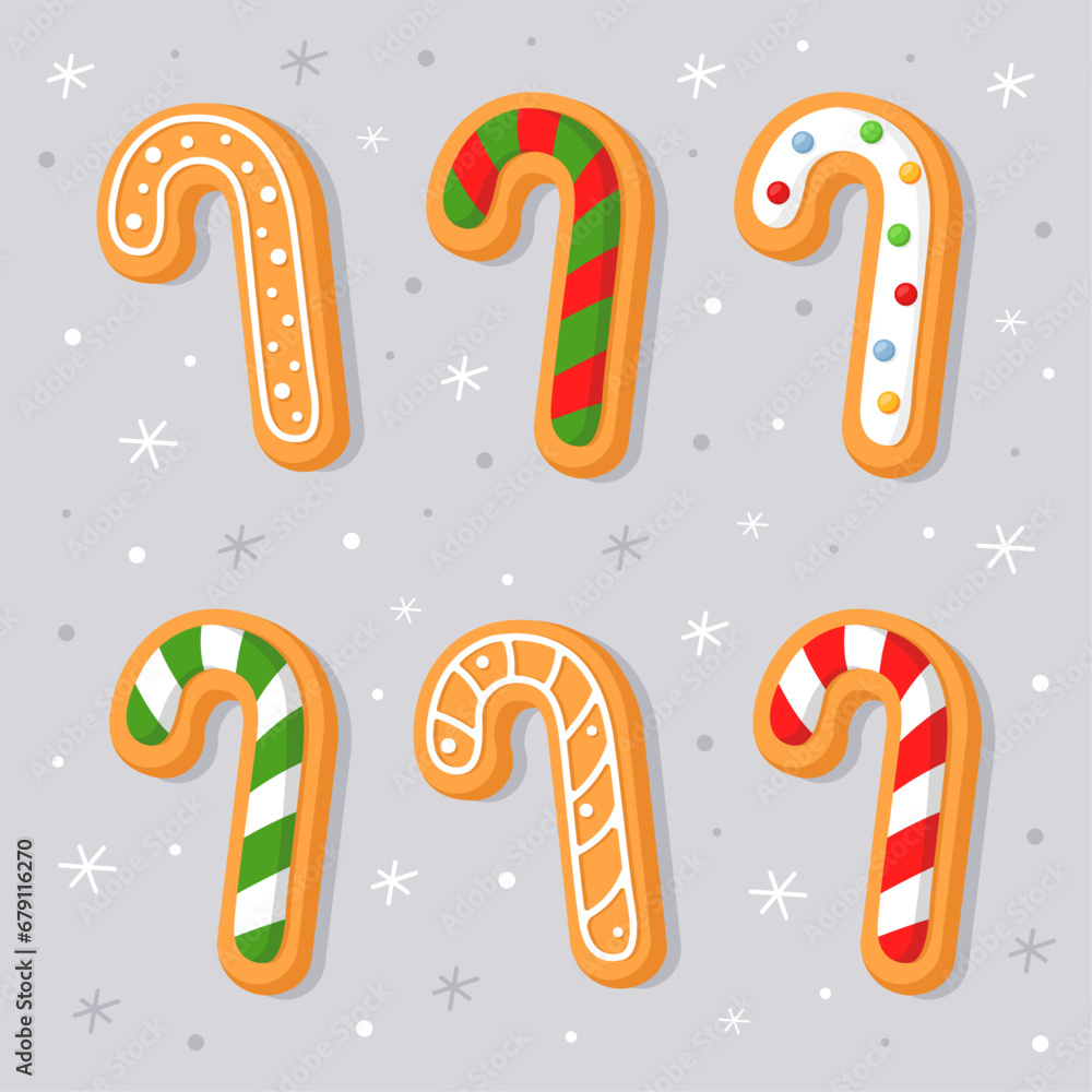 Obraz premium New Year's gingerbread cookies in the shape of Christmas candies. Homemade Christmas cookies with sweet sugar glaze. Cute cartoon illustrations for Christmas cards, banners, posters. 