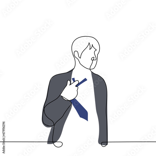 man releasing his tie's grip on tie - one line art vector. concept of loosen necktie, tight neck, end of the working day