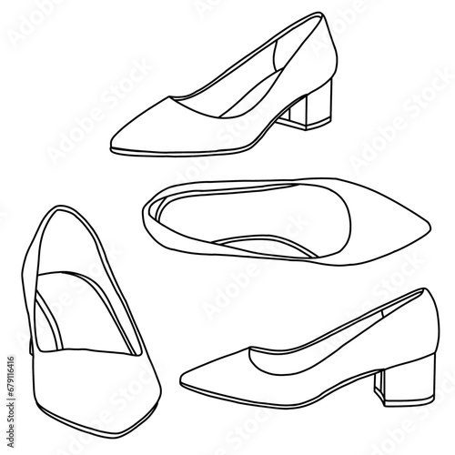 Shoes with medium heels. Hand-drawn of women's shoes. Vector illustration collection of fashion high heels, isolated on a white background.