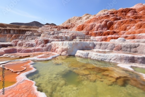 wide shot of colorful mineral deposits at a hot spring site