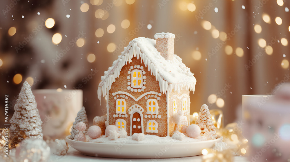 white gingerbread house with white and gold bokeh lights, festive white gingerbread house with white and gold bokeh lights, festive