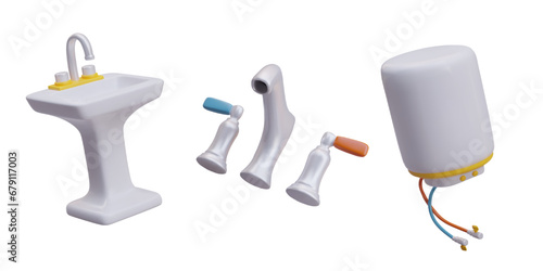 Wash basin, boiler and faucet with yellow elements. Heating water. Household equipment. Electric home appliance concept. Vector illustration in 3d style