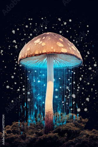 Fantasy Art Mushroom and Lights. Fungus in the Forest with Fireflies. Magical Mushroom in the Night. Alien Lights. Generative AI. 