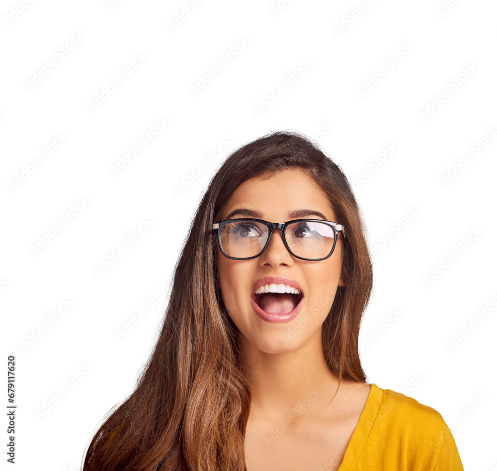 Thinking, excited and surprise of woman, wow and happy isolated on a transparent png background. Smile, shock and person in glasses with idea, vision or dream, inspiration for solution and insight Thinking, excited and surprise of woman, wow and happy isolated on a transparent png background. Smile, shock and person in glasses with idea, vision or dream, inspiration for solution and insight